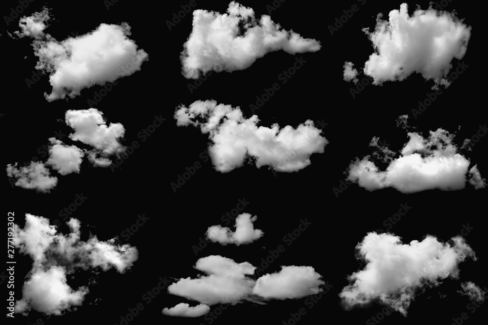 Set of clouds white fluffy on isolated elements black background. Set of clouds white fluffy on isolated elements black background.