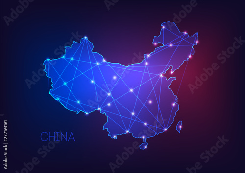 China map glowing silhouette outline made of stars lines dots triangles, low polygonal shapes.