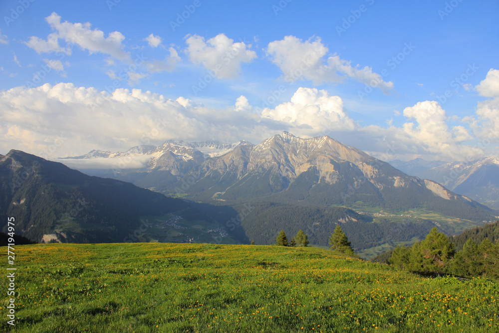 Mountain range seen from Obermutten, Canton of Grisons, Switzerland.