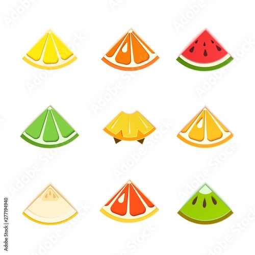 Set of tropical triangular lobule fruits in paper cut style. Slice triangle citrus orange, tangerine, pineapple, lime, lemon, grapefruit, melon, watermelon, kiwi with leaf in origami art. Vector card.