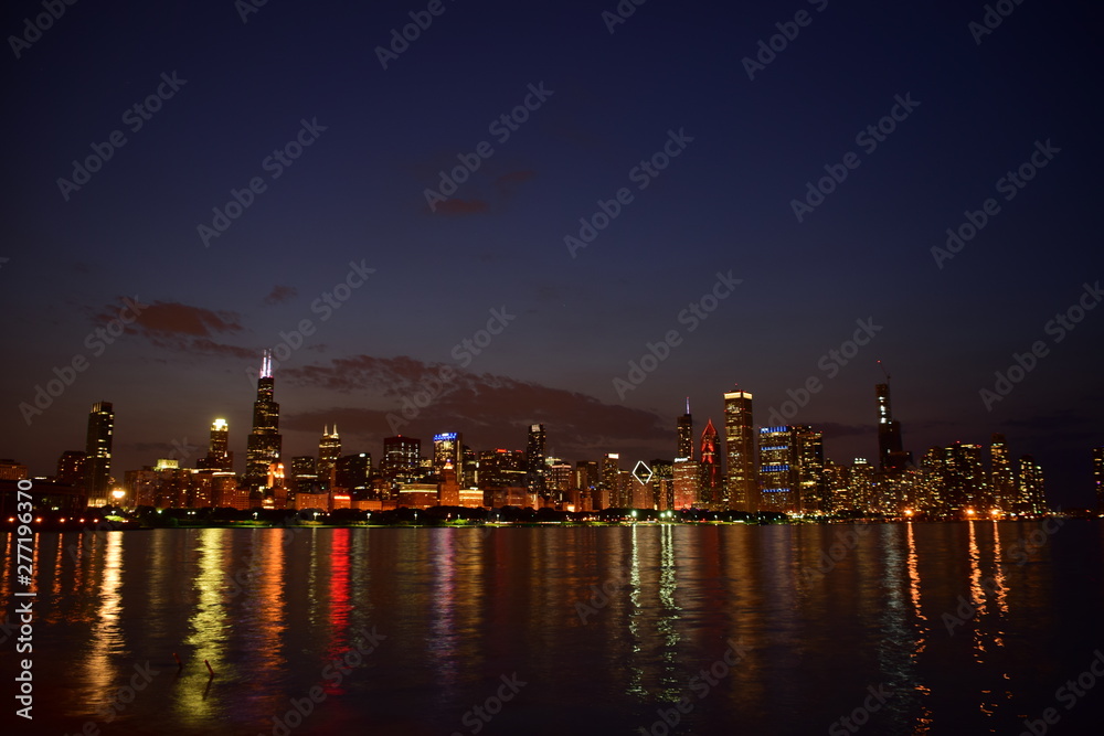 Nightime skyline of Chicago