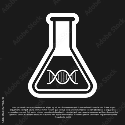 Black DNA research, search icon isolated on black background. Genetic engineering, genetics testing, cloning, paternity testing. Vector Illustration