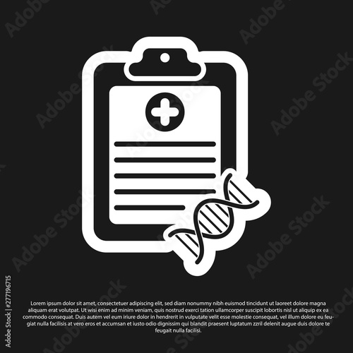 Black Clipboard with DNA analysis icon isolated on black background. Genetic engineering, genetics testing, cloning, paternity testing. Vector Illustration