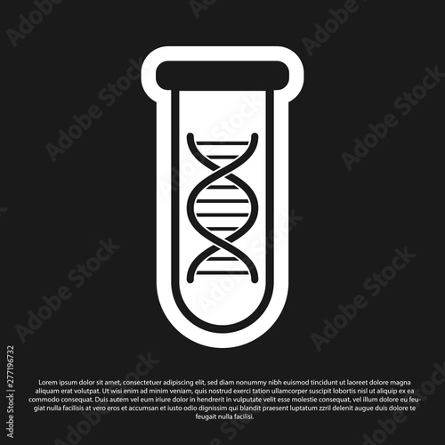 Black DNA research, search icon isolated on black background. Genetic engineering, genetics testing, cloning, paternity testing. Vector Illustration