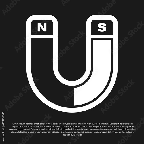 Black Magnet icon isolated on black background. Horseshoe magnet, magnetism, magnetize, attraction sign. Vector Illustration