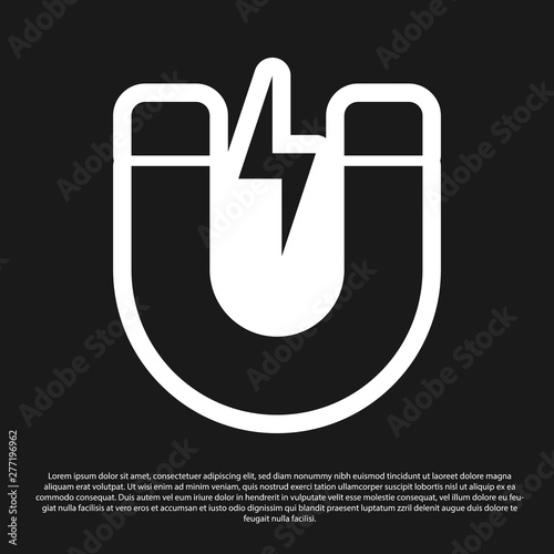 Black Magnet with lightning icon isolated on black background. Horseshoe magnet, magnetism, magnetize, attraction sign. Vector Illustration