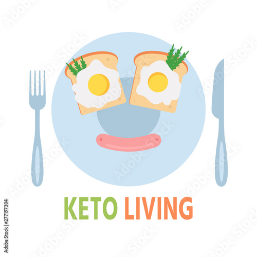 Ketogenic diet. Banner. Plate with fried eggs and sausage. Healthy eating concept.Vector illustration