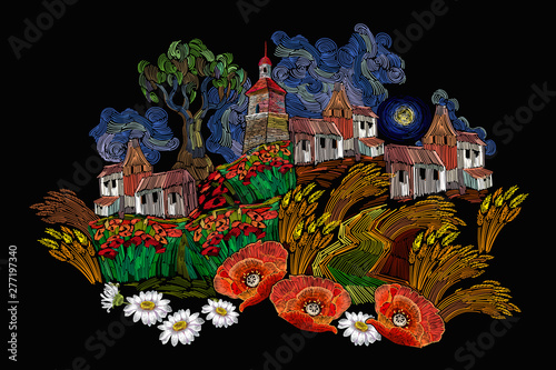 Embroidery. Painting expressionism style. Rural landscape. Village in wheat fields. Template for clothes, t-shirt design