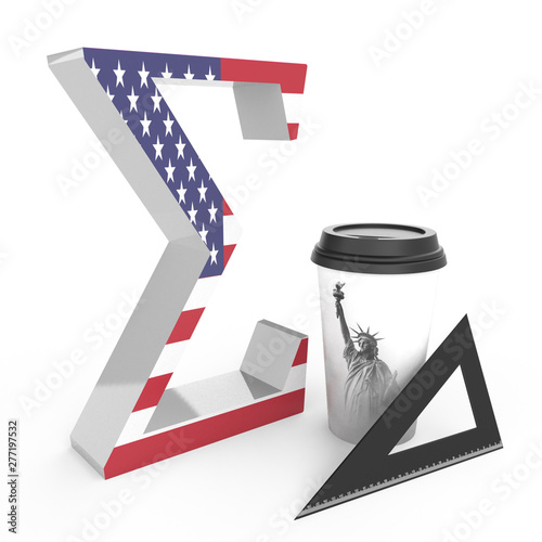 sigma sign, set square and coffee mug on white background
