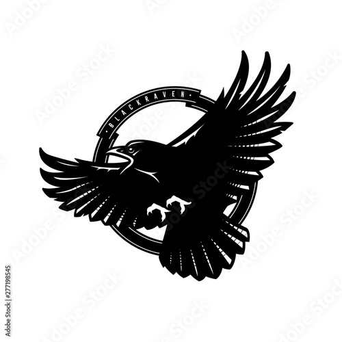 Black raven in flight, logo, emblem. Vector illustration.