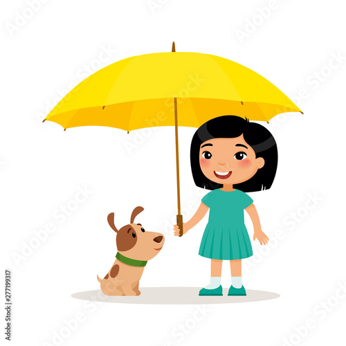 Puppy and cute little asian girl with yellow umbrella. Happy school or preschool kid and her pet playing together. Funny cartoon character. Vector illustration. Isolated on white background.