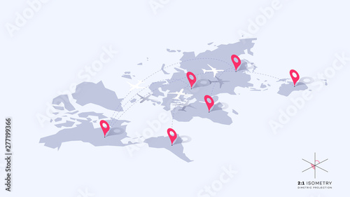 Isometric Infographic Vector Illustration With Planes, Dotted Direction Paths And Map Pointers.