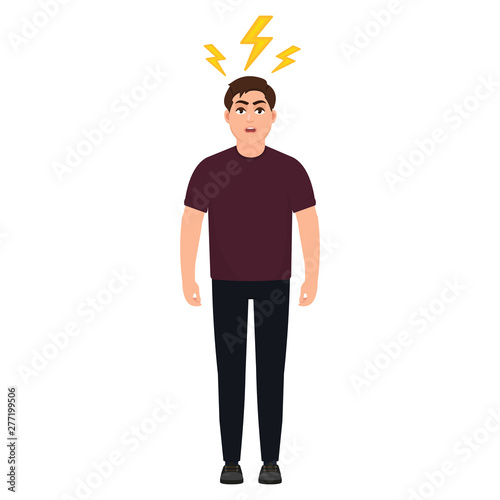 Man in anger, angry guy, lightning over a man's head, headache, cartoon character vector illustration