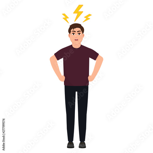 Man in anger, angry guy, lightning over a man's head, headache, cartoon character vector illustration