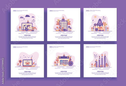 Set of modern flat design templates for Business, business target, check list, startup, virus scan, scheduling, team work. Easy to edit and customize. Modern Vector illustration concepts for business