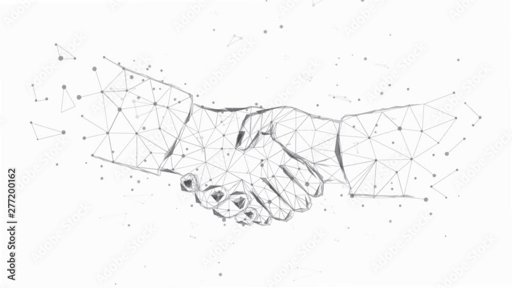 Handshake from triangles and luminous points. Concept of a successful business project. Black-and-white. Animation. Polygonal illustration. Low poly.