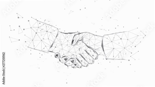 Handshake from triangles and luminous points. Concept of a successful business project. Black-and-white. Animation. Polygonal illustration. Low poly.