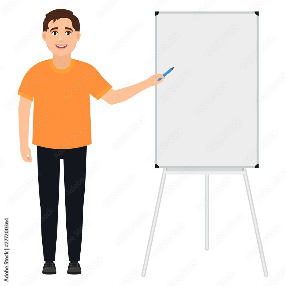 The guy holds a marker and writes something, a man stands near the  whiteboard, cartoon character vector illustration Stock Vector | Adobe Stock