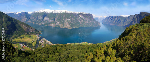 Panoramic aerial wide angle landscape of Aurlandsfjord with amazing blue pure water from Aurland mountain road viewpoint. High resolution panorama, Aurlandsfjord Norway.