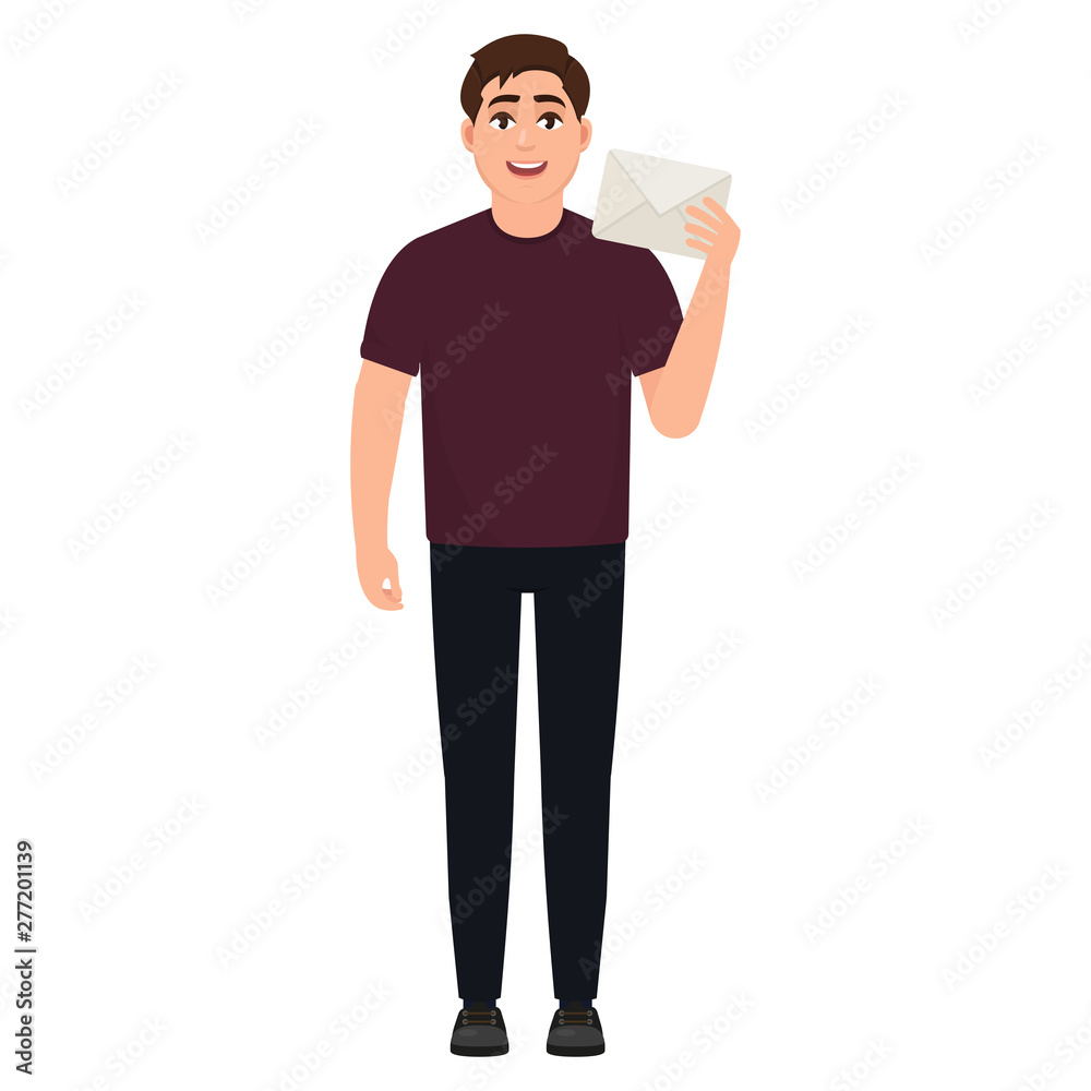 The guy holds a white postal envelope, the man received a letter, cartoon character vector illustration The guy holds a white postal envelope, the man received a letter, cartoon character vector illustration