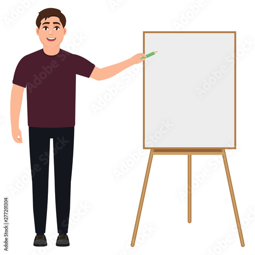 The guy holds a pencil and stands near the easel, a man holds a masterclass or presentation, cartoon character vector illustration