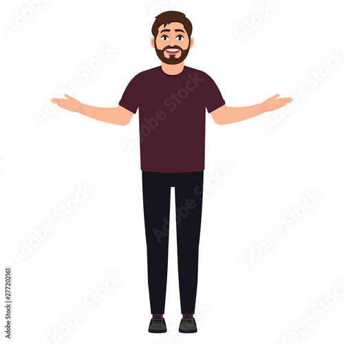 Surprised bearded man with raised palms up, guy shows gesture of surprise, cartoon character vector illustration