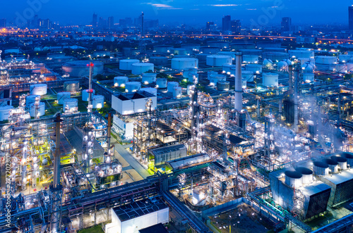 Aerial view of twilight of oil refinery  Shot from drone of Oil refinery plant  refinery Petrochemical plant at dusk   Bangkok  Thailand.
