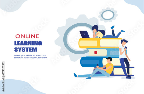 E-learning concept illustration of young people using laptop and tablet pc for distance studying and education. Flat design of guys and young women sitting on the books and reading for self education