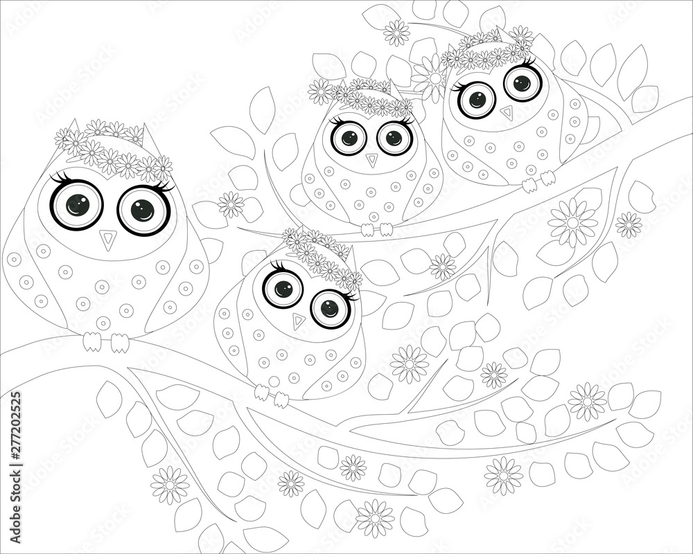 Fototapeta premium Coloring book for adult and older children. Coloring page with cute owl and floral frame. Outline drawing in zentangle style