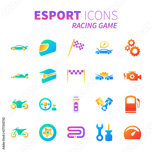 Brilliant colorful gradient icon set of racing video game and esport concept.