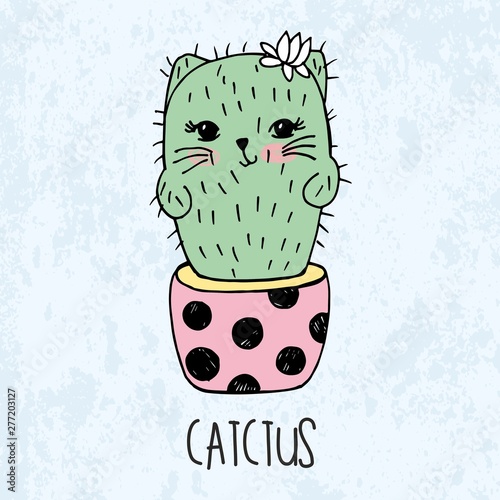 Vector illustration of hand drawn sketch cute kawaii cat cactus in a flowerpot in anime style with lettering catctus photo