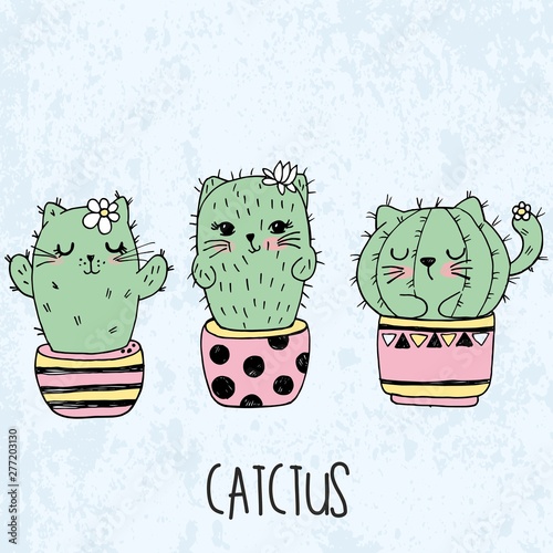 Vector illustration of hand drawn sketch set cute kawaii cat cactus in a flowerpot in anime style with lettering catctus
