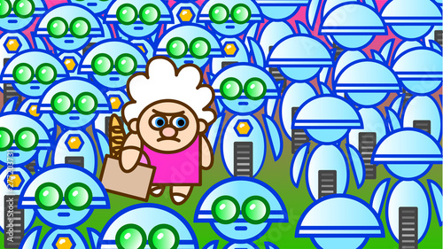 Unhappy old woman with a grocery package walking down the street among a variety of robots.