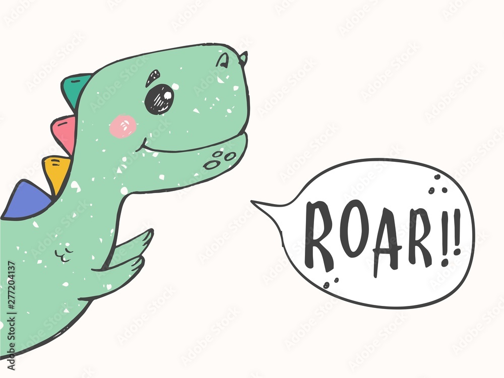Obraz premium Cute dinosaur head drawing for baby fashion. Cool Dinosaur for nursery t-shirt, kids apparel, invitation, simple scandinavian child design.