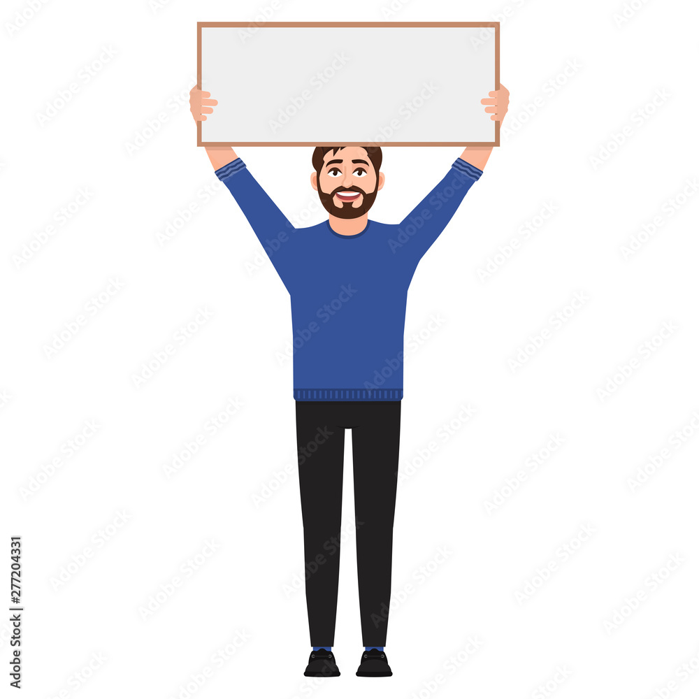 Man holding a poster, character shows empty white frame vector illustration