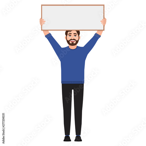 Man holding a poster, character shows empty white frame vector illustration