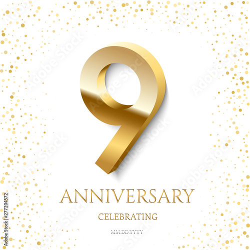 Golden 9th Anniversary Celebrating text and confetti on white background. Vector celebration 9 anniversary event template.
