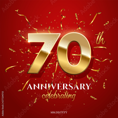 70 golden numbers and Anniversary Celebrating text with golden serpentine and confetti on red background. Vector seventieth anniversary celebration event square template.