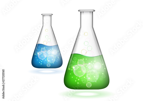 Abstract isolated glass bulb with liquid, bubbles. Chemical and biological experiments. Vector illustration for your design.