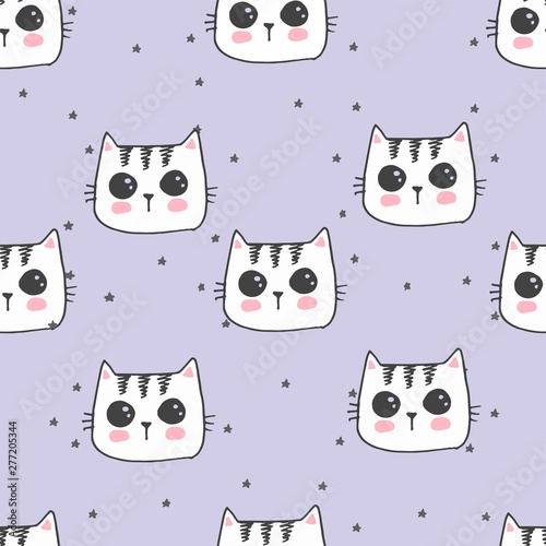 Hand painted seamless pattern with cute kittens. Watercolor bright cartoon cats on the background. Lovely texture.