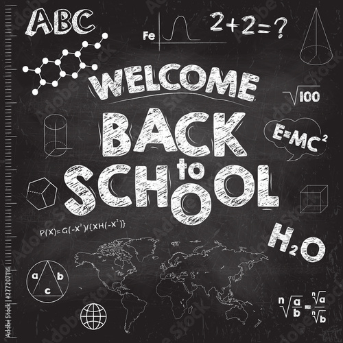 Back to school banner. Black school board with inscriptions. Vector illustration.