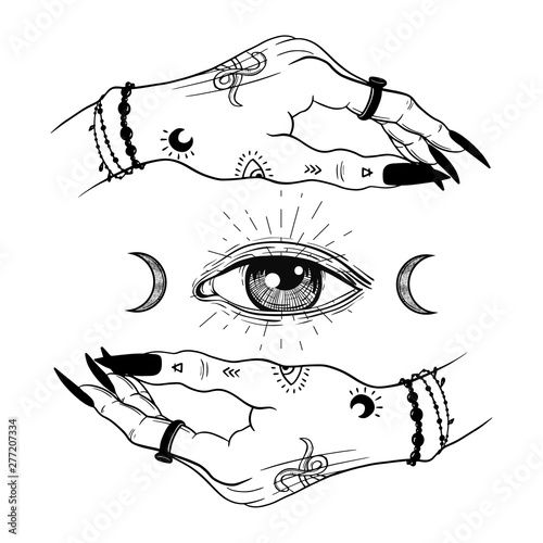 Witch hands with black nails, rings holding moon and eye, Magic. Boho style.