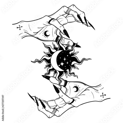 Witch hands with black nails, rings holding moon, Magic. Boho style.