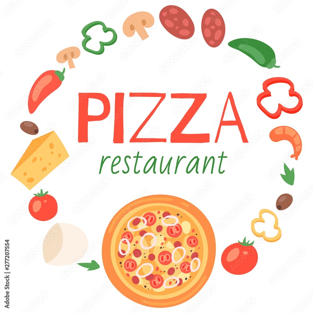 Pizza restaurant with ingredients banner, poster vector illustration. Premium food with sausages, cheese, vegetable such as tomato and pepper, seafood and mashrooms. Tasty pizzeria meal menu