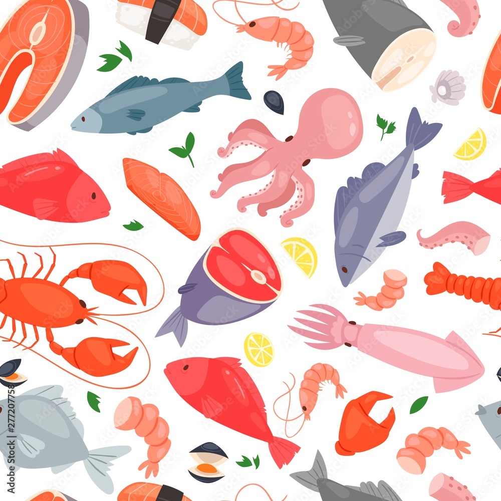 Seafood restaurant seamless pattern vector illustration. Fish salmon steak with lemon, shrimp, squid, octopus, lobster with crabs and tuna. Fresh products for restaurants and cafes. Seafood restaurant seamless pattern vector illustration. Fish salmon steak with lemon, shrimp, squid, octopus, lobster with crabs and tuna. Fresh products for restaurants and cafes.