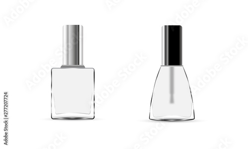 Collection glossy nail polish bottle with cap. Realistic packaging mockup template. Colorless nail polish isolated on white background. Front view. Vector illustration.