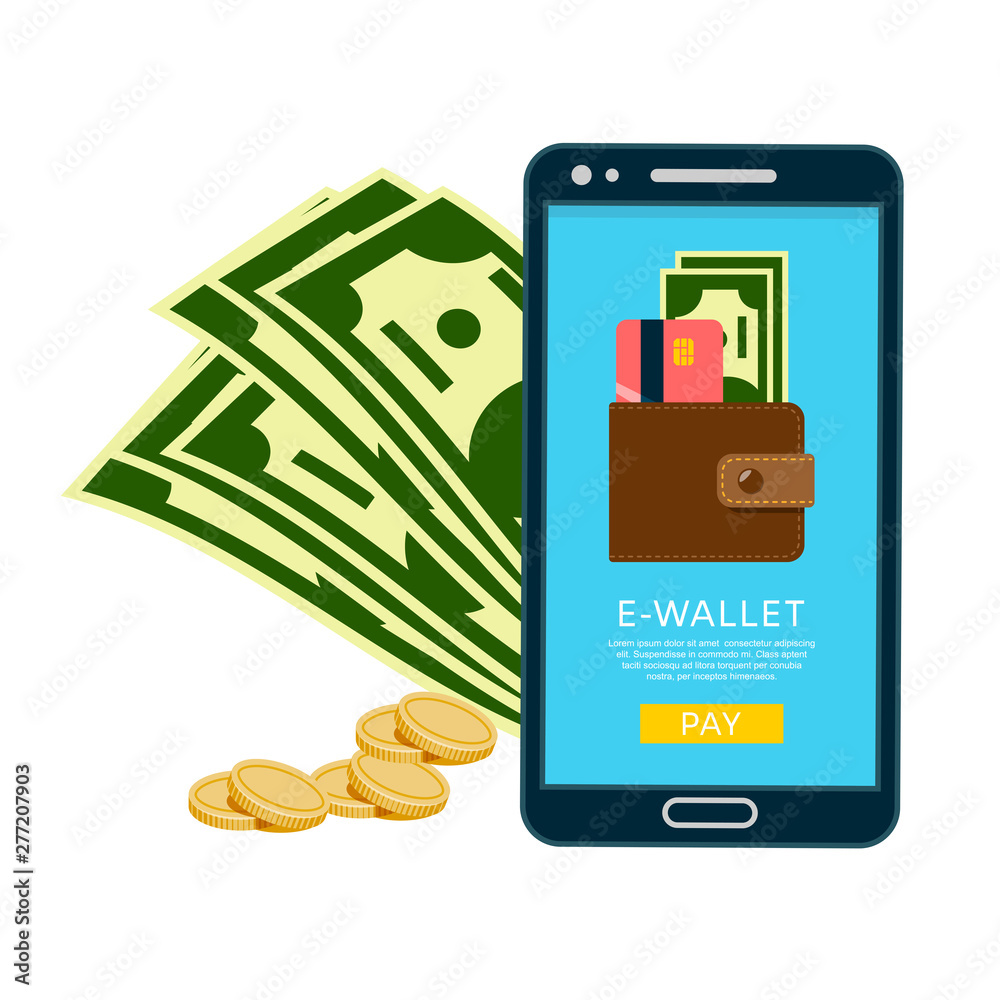 Smartphone with e-wallet banner vector illustration. Digital mobile purse  icon. Handphone screen with credit cards and cash. Internet banking  concept. Wireless money transfer. vector de Stock | Adobe Stock