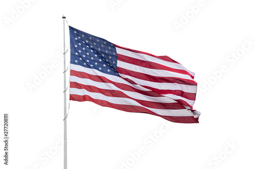 United States flag on a pole waving isolated on white background.