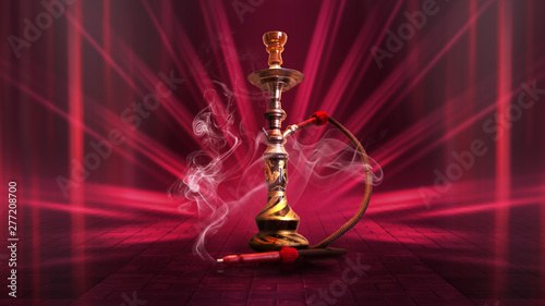 Hookah smoke on a dark abstract background. Background of empty scenes with red neon lights, reflection of night lights on wet pavement