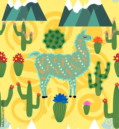 Illustration of seamless pattern with cute cartoon llama alpaca with cactus and design elements on pink background in flat cartoon style.